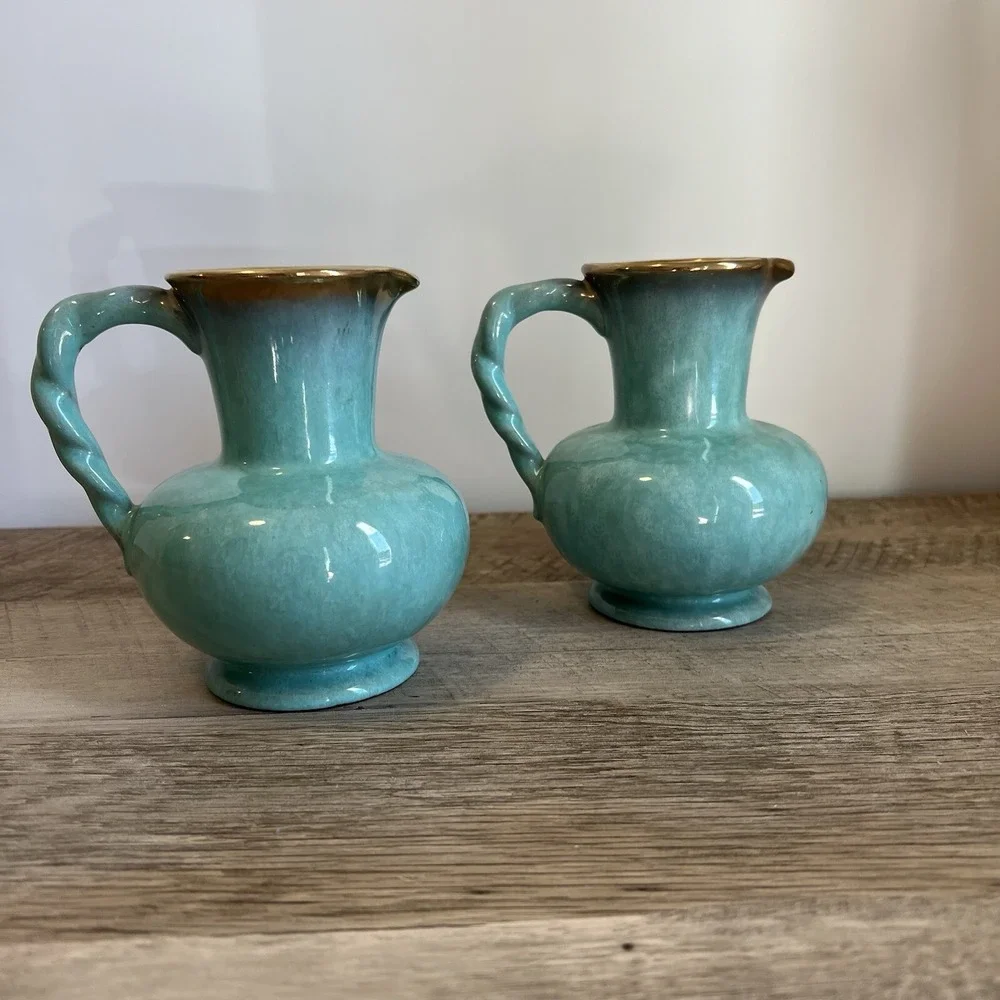 Teal And Gold‎ West Germany Mid-Century Pottery Matching Vases Jugs Vtg WWII